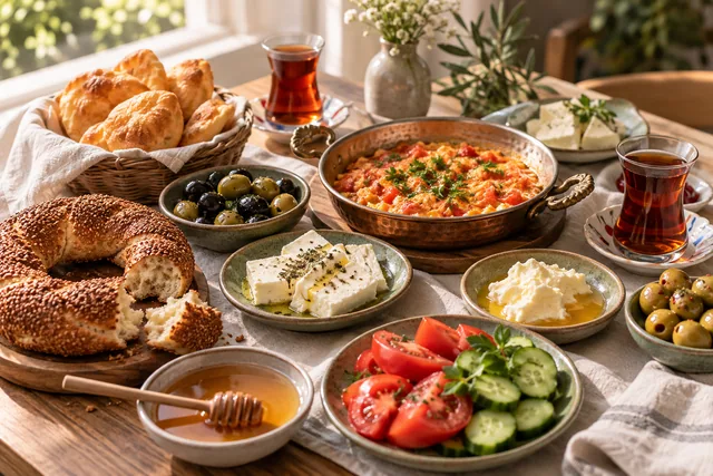 Simit, menemen ve çayla temsili kahvaltı sofrası.